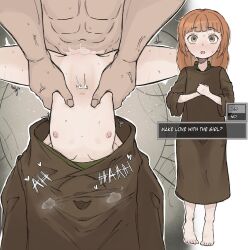  1boy 1girl abs age_difference blush clothes_lift cum cum_in_pussy cum_overflow deep_penetration dress dress_lift ejaculation english_text fear_&amp;_hunger fear_&amp;_hunger_(series) fear_&amp;_hunger_1 flat_chest hetero highres loli looking_at_viewer medium_hair missionary moaning muscular muscular_male navel nervous nervous_sweating nipples nude older_man_and_younger_girl orange_hair pussy ragnvaldr_(fear_&amp;_hunger) restrained rough_sex sex size_difference spread_legs standing steam steaming_body stomach_bulge sweat sweatdrop the_girl_(fear_&amp;_hunger) torso_grab vaginal zlix0n  rating:Explicit score:1255 user:danbooru