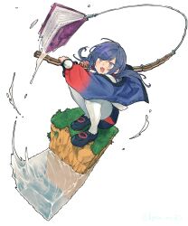  1girl :3 block_(minecraft) blue_hair blue_jacket blue_shoes blue_shorts blush book enchantment_(minecraft) fang fish_hook fishing fishing_line fishing_rod floating_hair full_body gradient_sleeves grass grass_block grey_eyes hair_ornament highres holding holding_fishing_rod jacket kyouno long_hair long_sleeves looking_at_object looking_up minecraft nijisanji off_shoulder open_mouth pantyhose pom_pom_(clothes) ponto_nei ponto_nei_(1st_costume) puffy_long_sleeves puffy_sleeves ripples romaji_commentary shirt shoes shorts simple_background solo splashing squatting twitter_username virtual_youtuber water white_background white_pantyhose white_shirt 