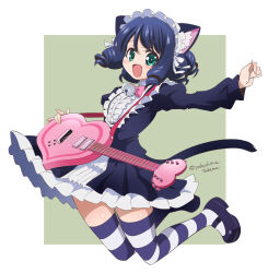  1girl :d animal_ear_fluff animal_ears bell black_shirt black_shoes black_skirt blue_hair blush border bow bowtie cat_ears cat_girl cat_tail center_frills commentary_request curly_hair cyan_(show_by_rock!!) drill_hair electric_guitar fang frilled_hairband frilled_skirt frills full_body gothic_lolita green_background green_eyes guitar guitar_strap hairband heart_guitar holding holding_guitar holding_instrument instrument jingle_bell juliet_sleeves jumping lolita_fashion lolita_hairband long_sleeves looking_at_viewer mary_janes open_mouth outside_border outstretched_arm pink_bow pink_bowtie puffy_sleeves shirt shoes short_hair show_by_rock!! skirt smile solo striped_clothes striped_thighhighs tail thighhighs twitter_username white_border white_hairband white_thighhighs yokoshima_takemaru 