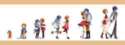  1boy 1girl age_progression aged_down akiyoshi_(tama-pete) alternate_costume arm_warmers baby black_footwear blue_eyes blue_gloves blue_hair blue_scarf bob_cut boots breasts brown_eyes brown_hair brown_pants capelet capri_pants child comforting crop_top diaper dress eye_contact fingerless_gloves food gloves hair_ornament hand_on_another&#039;s_head hand_to_own_mouth headpat headset hetero high_heel_boots high_heels highres holding_hands hug ice_cream ice_cream_cone jacket kaito_(vocaloid) knee_boots long_sleeves looking_at_another meiko_(vocaloid) midriff miniskirt no_socks open_clothes open_jacket pants red_dress red_skirt sailor_collar sakine_meiko scarf shirt shoes short_dress short_hair short_sleeves simple_background sitting skirt sleeveless sleeveless_shirt smile standing time_lapse vocaloid walking white_footwear white_jacket  rating:Sensitive score:14 user:danbooru