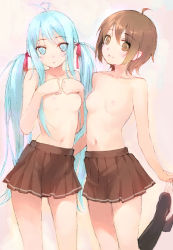  10s 2girls ahoge alternate_hairstyle bad_id bad_pixiv_id blue_eyes blue_hair breasts brown_eyes brown_hair denpa_onna_to_seishun_otoko kage_yuu long_hair looking_at_viewer mifune_ryuuko multiple_girls nipples panties panties_around_leg parted_lips short_hair skirt small_breasts smile topless_female touwa_erio twintails underwear undressing very_long_hair white_panties  rating:Questionable score:81 user:danbooru