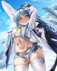  1girl absurdres aircraft airplane blue_hair bow breasts colycycle cropped_shirt derringer gluteal_fold goddess_of_victory:_nikke gun hair_bow handgun highres holster id_card jacket jacket_on_shoulders long_hair long_sleeves looking_at_viewer midriff navel necktie oversized_jacket shiny_skin shirt shorts skindentation sky_(nikke) small_breasts solo standing thighhighs thighs two-sided_fabric two-sided_jacket weapon white_bow white_shorts white_thighhighs yellow_eyes yellow_necktie 