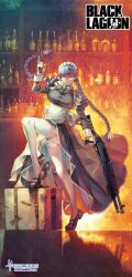  1girl abstract_background apron asymmetrical_dual_wielding back_ribbon bar_(place) belt belt_buckle black_dress black_hair black_lagoon black_shoes blue_eyes blunt_bangs braid breasts brown_belt buckle buttons closed_mouth copyright_name cross cross_necklace dress dual-mode_shotgun dual_wielding embers explosive expressionless floating_hair fn_minimi fragmentation_grenade frilled_apron frilled_dress frills frown full_body garter_straps glass_bottle gloves grenade gun hair_tie hand_grenade hand_up handgun high_collar highres hiroe_rei holding holding_gun holding_weapon jewelry knee_up large_breasts long_dress long_hair long_sleeves looking_at_viewer low_twin_braids m1911 m67 maid maid_apron maid_headdress mary_janes mature_female necklace official_art pistol pump-action_shotgun pump_action ribbon roberta_(black_lagoon) round_eyewear semi-automatic_shotgun shadow shelf shoes shotgun skindentation solo spas-12 suitcase thighhighs trigger_discipline twin_braids twintails waist_apron weapon white_apron white_garter_straps white_gloves white_ribbon white_thighhighs white_wrist_cuffs wrist_cuffs 
