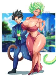  1boy 1girl alternate_costume arm_grab artsuyuu beige_skin black_hair blue_eyes breasts city covered_erect_nipples dragon_ball dragon_ball_super dress evil_smile formal_clothes full_body green_hair high_heels huge_breasts kale_(dragon_ball) looking_at_another muscular muscular_female necktie prom prom_dance size_difference smile spiked_hair suit tail tall_female walking 