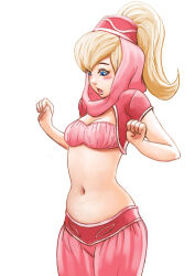  1girl animification blue_eyes blush breasts commentary commission cropped_shirt english_commentary harem_outfit harem_pants headscarf i_dream_of_jeannie jeannie_(i_dream_of_jeannie) long_hair looking_down midriff navellunatic open_mouth pants pink_headscarf pink_pants pink_scarf pink_tube_top ponytail red_shirt scarf shirt simple_background small_breasts solo strapless surprised tube_top white_background 