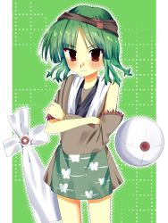  1other 2000s_(style) androgynous animal_print annoyed apron blush border brown_headband brown_kimono brown_sleeves butterfly_print closed_mouth cowboy_shot crossed_arms detached_sleeves faux_retro_artstyle fur-trimmed_sleeves fur_trim green_apron green_background green_hair grid_background halftone headband highres japanese_clothes kimono kurokoge_karubi len&#039;en light_frown looking_at_viewer medium_hair other_focus outline outside_border para_(len&#039;en) para_(len&#039;en)_(oni) parted_bangs pillarboxed red_eyes short_kimono short_sleeves single_bare_arm single_bare_shoulder single_detached_sleeve single_sleeve solo split_ends standing thighs tsurime vest waist_apron white_border white_outline white_vest 