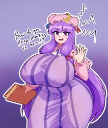  1girl alternate_breast_size blunt_bangs blush book breasts capelet crescent crescent_hair_ornament curvy dress english_text gigantic_breasts gradient_background hair_ornament hat highres holding holding_book long_hair masked_agent mob_cap patchouli_knowledge purple_eyes purple_hair shortstack simple_background solo striped_clothes striped_dress sweat taut_clothes taut_dress thick_thighs thighs touhou vertical-striped_clothes vertical-striped_dress very_long_hair wide_hips 