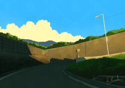  alu.m_(alpcmas) blue_sky cloud commentary_request evening grass lamppost no_humans original power_lines road scenery shade signature sky traffic_mirror 