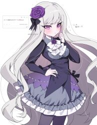  1girl anger_vein artist_name ascot black_bow black_jacket black_pantyhose blush bow bowtie breasts buttons center_frills clenched_hand closed_mouth collared_shirt cowboy_shot curly_hair dotted_line double-breasted flower flying_sweatdrops framed_breasts frilled_skirt frills gothic_lolita gothic_wa_mahou_otome grey_shirt grey_skirt hair_bow hair_flower hair_ornament hand_on_own_hip hand_up high-waist_skirt highres jacket kote1 layered_skirt lolita_fashion long_hair long_sleeves looking_ahead medium_skirt neck_flower odaibako pantyhose purple_flower purple_hair purple_rose purple_skirt request_inset rosalie_(gothic_wa_mahou_otome) rose shirt simple_background skirt sleeves_past_wrists small_breasts solo standing sweatdrop talking translation_request twitter_username two-tone_skirt v-shaped_eyebrows very_long_hair white_ascot white_background white_bow white_bowtie white_hair wing_collar 