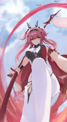  1girl absurdres armor black_bow blue_sky bodysuit boots bow breastplate breasts collar commentary day feet_out_of_frame hair_bow hair_ornament hairband headgear highres holding holding_polearm holding_weapon juna_(user_zhur2554) large_breasts long_hair looking_at_viewer lupa_(wuthering_waves) metal_collar metal_hairband multiple_hair_bows parted_lips pink_hair polearm red_pupils red_sash sash sky smile solo tacet_mark_(wuthering_waves) thigh_boots weapon white_bodysuit white_boots wrist_guards wuthering_waves yellow_eyes 