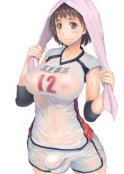  1futa asaki_takayuki blush breasts brown_eyes brown_hair bulge covered_erect_nipples elbow_pads elzikyuchi flaccid full-package_futanari futanari highres large_breasts looking_at_viewer nipples puffy_nipples see-through_clothes short_hair solo third-party_edit towel wet  rating:Questionable score:222 user:Haloms