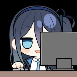  1girl :d animated animated_gif aqua_eyes aqua_necktie aris_(blue_archive) black_jacket blood blood_from_mouth blue_archive blue_hair blue_hairband blue_jacket blush_stickers chibi chunye_haruya collared_shirt computer computer_mouse desk dot_nose hair_between_eyes hairband holding_computer_mouse jacket long_bangs long_hair long_hair_between_eyes lowres monitor multicolored_jacket necktie no_pupils one_side_up open_clothes open_jacket open_mouth school_uniform second-party_source shaded_face shirt simple_background smile solo transparent_background upper_body v-shaped_eyebrows white_jacket white_shirt 
