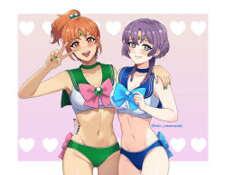  2girls :d absurdres alternate_costume alternate_hairstyle arm_around_shoulder arm_around_waist bernadetta_von_varley bernadetta_von_varley_(timeskip) bishoujo_senshi_sailor_moon blue_bow blue_nails blue_panties blush bow bra breasts choker cleavage collarbone cosplay earrings fire_emblem fire_emblem:_three_houses green_nails green_panties grin hair_bobbles hair_bow hair_ornament heart heart_background highres jewelry large_breasts leonie_pinelli long_hair looking_at_viewer multiple_girls navel nintendo open_mouth orange_eyes orange_hair panties pink_bow ponytail purple_background purple_eyes purple_hair rein_creamsoda sailor_jupiter sailor_jupiter_(cosplay) sailor_mercury sailor_mercury_(cosplay) sailor_moon_narikiri_bra_set short_hair sidelocks smile teeth tiara underwear v waist_bow white_bra 