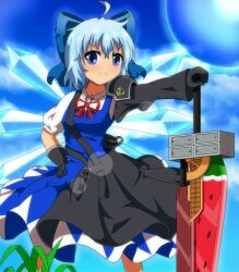  1girl advent_cirno ahoge anime_coloring black_gloves blue_bow blue_dress blue_eyes blue_hair bow cirno closed_mouth commentary_request detached_wings dress feet_out_of_frame fusion_swords gloves hair_bow hand_on_hilt hand_on_own_hip highres ice ice_wings looking_at_viewer outdoors short_sleeves shoulder_guard smile solo standing touhou wings yatsuchi_(mi) 