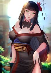 1girl artist_name beneceadraws black_collar black_hair black_kimono blunt_bangs blunt_ends blurry blurry_background breasts cleavage collar deviantart_logo deviantart_username epiphyllum final_fantasy final_fantasy_xiv flower green_eyes hair_flower hair_ornament hyur instagram_logo instagram_username japanese_clothes kimono lace_collar large_breasts long_hair mole mole_under_mouth obi obiage obijime off_shoulder patreon_logo patreon_username red_lips sash solo spider_lily straight_hair twitch_logo twitch_username twitter_logo twitter_username yellow_sash yotsuyu_goe_brutus yuujo