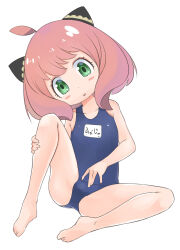  1girl anya_(spy_x_family) barefoot blue_one-piece_swimsuit feet green_eyes highres loli looking_at_viewer monomono name_tag one-piece_swimsuit pink_hair school_swimsuit solo spy_x_family swimsuit toes 