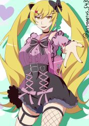  1girl albino_oscar artist_name blonde_hair breasts dress highres jirai_kei kiss-shot_acerola-orion_heart-under-blade long_hair mature_female monogatari_(series) oshino_shinobu signature sleeveless sleeveless_dress solo thighs twintails twitter_username vampire yellow_eyes 