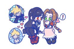  ! 105zz 1boy 2girls aerith_gainsborough aged_down arm_support black_gloves black_hair black_skirt black_thighhighs blonde_hair blush boots bracelet braid braided_ponytail brown_hair buster_sword child closed_eyes cloud_strife commentary_request dress elbow_gloves final_fantasy final_fantasy_vii final_fantasy_vii_remake fingerless_gloves full_body gloves green_eyes hair_ribbon heart holding holding_sword holding_weapon invisible_chair jacket jewelry long_hair looking_at_another materia multiple_girls pink_dress pink_ribbon red_boots red_eyes red_jacket ribbon simple_background sitting skirt sleeveless sleeveless_turtleneck sparkle spiked_hair spoken_character spoken_exclamation_mark sweater sword thighhighs tifa_lockhart turtleneck turtleneck_sweater weapon white_background 