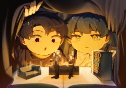  2boys :o absurdres asher11432 black_eyes black_hair black_suit blue_coat blue_hair book bookshelf character_doll chesed_(project_moon) coat couch cup curtains doll faceless formal_clothes frills glowing hand_in_pocket hands_on_lap highres holding holding_cup library_of_ruina looking_at_another male_focus multiple_boys necktie open_book open_mouth opening_curtains popped_collar project_moon roland_(project_moon) suit yellow_eyes yellow_light 