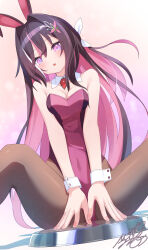  1girl absurdres alternate_costume animal_ears azki_(hololive) bare_arms bare_shoulders black_pantyhose blurry blush bokeh braid breasts brown_hair brown_pantyhose colored_inner_hair commentary covered_navel depth_of_field detached_collar feet_out_of_frame gradient_background hair_intakes hair_ornament hairclip half_up_braid highleg highleg_leotard highres hololive leotard long_hair looking_at_viewer medium_breasts mille mole mole_under_eye multicolored_hair multicolored_leotard pantyhose parted_lips pink_background pink_hair pink_leotard pink_streaks playboy_bunny purple_eyes rabbit_ears signature solo spread_legs triangle_mouth two-tone_leotard very_long_hair virtual_youtuber white_streaks wing_collar 