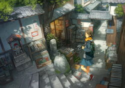  1girl backpack bag bench blue_jacket blue_skirt book bookshelf brown_eyes brown_hair closed_mouth commentary_request crate flower flower_pot green_background grey_hoodie highres holding_strap hood hood_down hoodie house jacket jizou long_sleeves manhole_cover on_stairs open_clothes open_jacket orange_flower orange_scarf original outdoors plant potted_plant red_shoes rock scarf scenery shoes short_hair skirt sliding_doors sneakers socks solo stairs standing stone_stairs translation_request vase white_flower white_socks wide_shot yoshida_seiji  rating:General score:6 user:danbooru