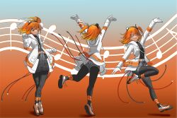  1girl a.i._voice absurdres adachi_rei arm_at_side arm_up arms_up belt black_shirt breast_pocket cable clenched_hand closed_eyes closed_mouth floating_hair gloves gradient_hair grey_background hair_between_eyes hair_ribbon hand_up highres jacket jumping leg_up long_sleeves moori_illus multicolored_hair multiple_views musical_staff nariyamanai_yorokobi_to_tomo_ni!_(utau) orange_background orange_belt orange_hair pantyhose pocket ribbon shirt shoelaces shoes side_ponytail sneakers standing standing_on_one_leg utau white_gloves white_jacket white_ribbon white_shirt 