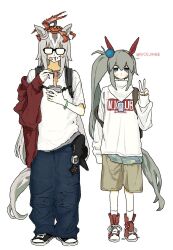  2girls ahoge alternate_costume alternate_hairstyle animal animal_ears animal_on_head arm_at_side backpack bag baggy_pants bandana bandana_around_neck black_shoes blue_eyes brown_shoes casual chopsticks closed_mouth crab cup cup_ramen eating food food_on_face glasses grey_hair hand_up high_tops highres holding holding_cup horse_ears horse_girl horse_tail id_card jacket kamaboko long_hair long_sleeves looking_at_viewer multiple_girls narutomaki nicejinbe off_shoulder oguri_cap_(umamusume) on_head opaque_glasses pants red_jacket red_shoes shirt shoes side_ponytail simple_background sleeves_past_fingers sleeves_past_wrists sneakers socks standing tail tamagotchi tamagotchi_(virtual_pet) tamamo_cross_(umamusume) twitter_username umamusume v v-shaped_eyebrows virtual_pet_(toy) white_background white_shirt white_socks 