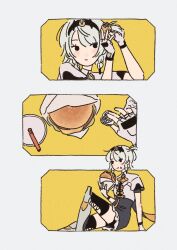  1girl anby_demara anby_demara_(silver_soldier) ascot black_eyes black_hairband black_skirt black_thighhighs blush boots border braid bucket_hat_(buckethat_chan) burger burger_hair_ornament closed_mouth collage cup disposable_cup drink eating expressionless fingerless_gloves food food-themed_hair_ornament food_on_face gloves grey_boots grey_hair hair_ornament hairband high-waist_skirt highres holding holding_burger holding_food knee_boots knee_up light_blush miniskirt multiple_views one_side_up orange_ascot outside_border shirt short_hair short_sleeves side_braids simple_background sitting skirt thighhighs tying_hair white_border white_shirt yellow_background zenless_zone_zero 