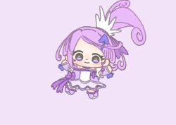  1girl boots bow brooch chibi choker closed_mouth cure_sword curly_hair dokidoki!_precure dot_nose dress dress_bow earrings eyelashes eyes_visible_through_hair hair_ornament hair_ribbon hairclip happy heart heart_brooch high_side_ponytail ichigo_usuhana jewelry kenzaki_makoto knee_boots light_blush looking_at_viewer magical_girl medium_hair outstretched_arms petticoat ponytail precure purple_arm_warmers purple_background purple_boots purple_bow purple_brooch purple_choker purple_dress purple_eyes purple_hair purple_ribbon purple_theme ribbon short_dress short_ponytail short_sleeves simple_background smile solo spade_(shape) spade_earrings spade_hair_ornament swept_bangs tareme white_sleeves wrist_bow 