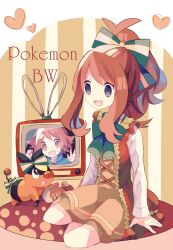 1boy 1girl black_eyes bow brown_eyes brown_hair copyright_name crt eyelashes full_body gen_5_pokemon green_bow heart highres hilbert_(pokemon) hilda_(pokemon) long_sleeves nagatsukiariake nintendo open_mouth pokemon pokemon_(creature) pokemon_bw ponytail rabbit_ears_antenna short_hair tepig trapped
