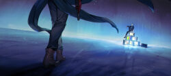  2boys amamiya_ren arm_on_knee black_jacket black_pants blue_sky brown_shoes coat coattails crt facing_another facing_away gloves grey_hair gun highres holding holding_gun holding_weapon horizon jacket knee_up kotomeiro light_particles male_focus multiple_boys narukami_yu night night_sky open_clothes open_coat open_jacket out_of_frame outdoors pants persona persona_4 persona_5 red_gloves shoes sitting sky star_(sky) television walking weapon wind 