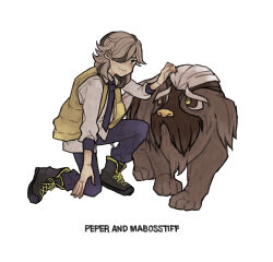  1boy absurdres arven_(pokemon) black_boots boots brown_hair character_name closed_mouth collared_shirt commentary_request hair_over_one_eye hand_up highres ichi_kawa_ichi mabosstiff male_focus medium_hair necktie nintendo on_one_knee open_clothes open_vest pokemon pokemon_(creature) pokemon_sv shirt smile vest white_background yellow_vest 