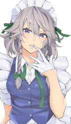 1girl biting biting_glove blue_eyes blush braid breasts collared_shirt female_focus gloves izayoi_sakuya looking_at_viewer maid maid_headdress makita_(twosidegekilove) mouth_pull neck_ribbon puffy_short_sleeves puffy_sleeves ribbon shirt short_hair short_sleeves silver_hair simple_background small_breasts solo touhou twin_braids untied upper_body vest white_background white_gloves white_shirt rating:Sensitive score:24 user:danbooru