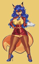  1girl absurdres blue_hair breasts carmelita_fox cleavage curvy earrings female_focus fox_girl full_body furry furry_female hand_on_own_hip high_heels highres jamoart jewelry large_breasts lipstick long_hair looking_at_viewer makeup mole mole_under_eye paper secretary simple_background sly_cooper_(series) solo tail thick_thighs thighhighs thighs wide_hips yellow_eyes  rating:Sensitive score:0 user:catonfire26