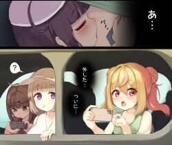  2girls absurdres blonde_hair blush breasts brown_hair camera car cellphone closed_eyes commentary_request double_bun green_eyes green_tank_top hair_bun hat highres holding holding_camera holding_phone kissing_back large_breasts licking_back motor_vehicle multicolored_hair multiple_girls open_mouth orange_eyes original parted_lips phone pink_hair purple_eyes purple_hair purple_hat shirt smartphone speech_bubble tank_top teeth translation_request two-tone_hair undone_bra upper_teeth_only wanashi_tam white_shirt yuri 