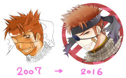  1boy 2007 2016 armor artist_progress bandaid bandaid_on_cheek bandaid_on_face black_headband brown_eyes chainmail commentary_request eyepatch grin headband knight_(ragnarok_online) looking_at_viewer male_focus no_symbol orange_hair ragnarok_online sasamuke_pika short_hair smile spiked_hair upper_body 