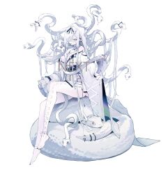  1girl absurdly_long_hair absurdres black_nails body_piercings breasts bukurote character_request cleavage commentary_request criss-cross_ribbon dress ear_ornament eyepatch grey_eyes hair_flowing_over hair_ribbon highres large_breasts long_hair looking_at_viewer nail_polish off-shoulder_dress off_shoulder one_eye_covered original ribbon second-party_source side_slit simple_background sitting snake solo toenail_polish toenails tongue tongue_out very_long_hair white_background white_dress white_hair white_ribbon white_snake wide_sleeves 