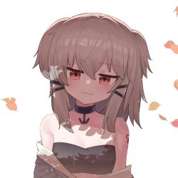 1girl absurdres black_bra blue_boots blue_panties boots bra child coat exhex_(hexieshizhe) grey_hair half-closed_eye highres looking_at_viewer murasame_(warship_girls_r) overcoat panties red_eyes short_twintails shoulder_tattoo solo tattoo twintails underwear warship_girls_r white_background