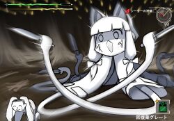  1boy 1girl absurdres anger_vein animal_ears blue_archive cowering crying death_momoi_(meme) doodle_sensei_(blue_archive) dot_nose fake_animal_ears heads-up_display health_bar highres holding holding_knife kitchen_knife knife meme momoi_(blue_archive) monster_hunter_(series) monster_hunter_wilds motion_blur nubebenbe open_mouth parody potion sensei_(blue_archive) tears tentacles trait_connection user_interface xu_wu_(monster_hunter) 