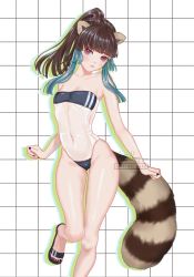 1girl alternate_costume animal_ears anniecreate arms_at_sides bikini black_one-piece_swimsuit black_sandals blue_hair blunt_bangs brown_hair colored_tips frown grid_background gris_swimsuit hair_intakes head_tilt high_ponytail highleg highleg_one-piece_swimsuit lunarnia meme_attire multicolored_hair one-piece_swimsuit pale_skin ponytail raccoon_ears raccoon_girl raccoon_tail red_eyes sandals see-through_clothes see-through_one-piece_swimsuit solo strapless strapless_one-piece_swimsuit swimsuit tail thighs vdonburi virtual_youtuber white_background