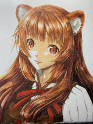  1girl absurdres animal_ear_fluff animal_ears armor black_dress breastplate breasts brown_hair closed_mouth collared_dress colored_pencil_(medium) commentary_request dress high_collar highres layered_dress leather_armor light_smile lips long_hair looking_at_viewer marker_(medium) medium_breasts neck_ribbon photo_(medium) portrait raccoon_ears raccoon_girl raphtalia red_dress red_eyes red_ribbon ren_(taritari33) ribbon simple_background solo tate_no_yuusha_no_nariagari traditional_media two-tone_dress white_background white_dress 