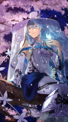  1girl alternate_costume bare_shoulders blake_bloom_(wuthering_waves) blue_butterfly blue_hair bug butterfly butterfly_on_hand cherry_blossoms colored_eyelashes commentary_request detached_sleeves dress feet_out_of_frame flower hair_between_eyes hand_up hat hat_flower heian highres ichimegasa insect japanese_clothes long_dress long_hair looking_afar looking_to_the_side mimihoneeey nail_polish parted_lips pink_petals purple_eyes purple_nails shorekeeper_(wuthering_waves) sitting smile solo veil white_dress white_hat white_veil wuthering_waves 