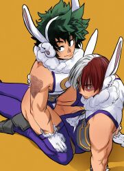  2boys animal_ears ass blue_eyes boku_no_hero_academia burn_scar commentary cosplay crescent_print crossdressing crossdressing_(mtf) fake_animal_ears freckles fur_collar green_eyes green_hair heattech_leotard highres leotard looking_at_another male_focus midoriya_izuku mirko mirko_(cosplay) multicolored_hair multiple_boys official_alternate_costume print_leotard purple_thighhighs rabbit_ears rabbit_tail red_hair scar scar_on_face shadow short_hair sitting sleeveless_turtleneck_leotard split-color_hair superhero_costume tail taut_leotard thighhighs todoroki_shoto turtleneck two-tone_hair white_hair white_leotard yaoi zazaraza33 