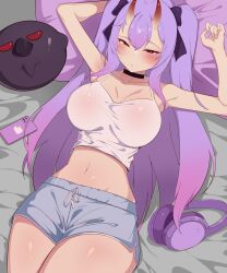  absurdres armpits breasts cleavage dakimakura_style highres horns kamihoshi_project oni oni_girl purple_hair red_eyes shorts stomach syd_karasukami thighs 