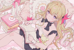  1girl black_dress blonde_hair blush book breasts cleavage closed_mouth coffee commission cup cushion dress frilled_dress frills from_above indoors large_breasts long_hair looking_at_viewer looking_up open_book original purple_eyes sitting solo stuffed_animal stuffed_toy teacup thighs yutsumoe 