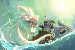  &gt;_&lt; 1boy 1other 2girls :o absurdres air_bubble androgynous animal_ears bare_shoulders barefoot black_footwear blonde_hair blunt_bangs brown_gloves bubble cape catching chinese_commentary closed_eyes clothes_around_waist commentary_request dutch_angle faputa fish fish_in_mouth fishing_rod furry gloves green_eyes hair_flaps hand_on_another&#039;s_chest helmet highres holding holding_fishing_rod jumping lake light looking_at_another made_in_abyss midair monster_girl moss multiple_girls nanachi_(made_in_abyss) open_mouth orange_eyes outdoors partially_underwater_shot puffy_shorts rabbit_ears red_cape reg_(made_in_abyss) riko_(made_in_abyss) ringed_eyes rock sharp_teeth shorts standing tail teeth underwater water white_hair wucai_banlan_yu  rating:General score:21 user:danbooru