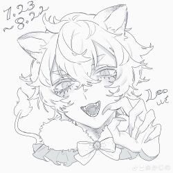  1boy animal_ears claw_pose claws commentary fangs greyscale highres kajino leo_(zodiac) lion_boy lion_ears lion_tail looking_at_viewer male_focus monochrome open_mouth original personification short_hair simple_background slit_pupils solo tail upper_body white_background zodiac 