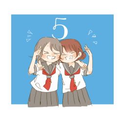  &gt;_&lt; 2girls :d animification arm_around_neck blush border brown_hair commentary countdown double_bun facing_viewer grey_hair grey_sailor_collar grey_skirt grin hair_bun kase_(ks_lys) love_live! love_live!_sunshine!! medium_hair multiple_girls neckerchief notice_lines open_mouth outside_border pleated_skirt real_life red_neckerchief sailor_collar saitou_shuka salute school_uniform serafuku shirt short_sleeves skirt smile summer_uniform tie_clip uranohoshi_school_uniform voice_actor voice_actor_connection watanabe_you white_border white_shirt xd 