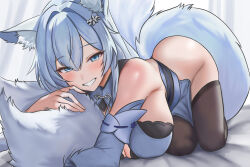  1girl animal_ear_fluff animal_ears bare_hips bare_shoulders blue_eyes breasts cleavage double-parted_bangs fox_ears fox_girl fox_tail grin groin hair_ornament happy highres hug hugging_own_tail hugging_tail kitsune kyuubi large_breasts long_hair looking_at_viewer mandarin_collar multiple_tails on_bed original skindentation smile solo song-hwaryeong song_wol-young tail thighhighs thighs tsurime very_long_hair white_hair 