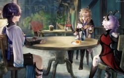  3boys albedo_(genshin_impact) animal_print arm_at_side armor beer_mug belt bird_print black_belt black_bodysuit black_boots black_bridal_gauntlets black_hair black_hood black_horns black_leggings black_shirt black_shorts black_socks blonde_hair blue_cape blue_eyes blue_sleeves blunt_ends bodysuit boots bottle bridal_gauntlets cake cake_slice cape coat coffee cup dragon_horns dragon_wings durin_(genshin_impact) fingernails food furisode gate genshin_impact gold_ring hair_between_eyes hakama hakama_shorts hand_up hands_on_table highres hood hood_down hooded_coat horns humanization japanese_armor japanese_clothes kimono kneehighs kote kriniiq kurokote layered_sleeves leg_warmers leggings looking_at_another messy_hair middle_ring mini_durin_(genshin_impact) mondstadt_city mug multicolored_hair multiple_boys open_hand open_mouth plate pleated_shorts purple_hair purple_rope purple_sash red_wings rope sash scaramouche_(genshin_impact) shirt shoes short_sleeves shorts sign sitting socks spiked_horns spiked_wings spoilers streaked_hair table tassel tavern thigh_boots turtleneck turtleneck_bodysuit twitter_username wanderer_(genshin_impact) white_coat white_kimono white_leg_warmers white_shoes white_shorts white_sleeves white_trim wings wooden_chair wooden_table 